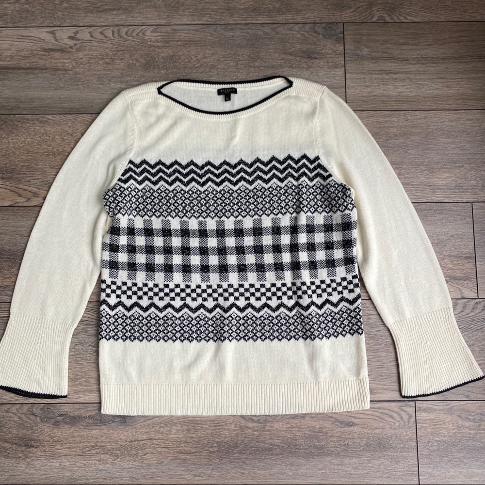 Talbots Cream Ivory Black Chevron Gingham Soft Wool Blend Sweater Large PETITE